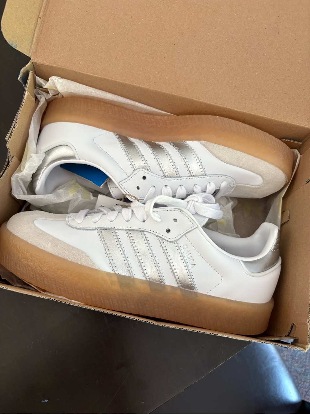 adidas Samba W Sneakers - White with Silver Accents & Gum Sole - Picture 2 of 4